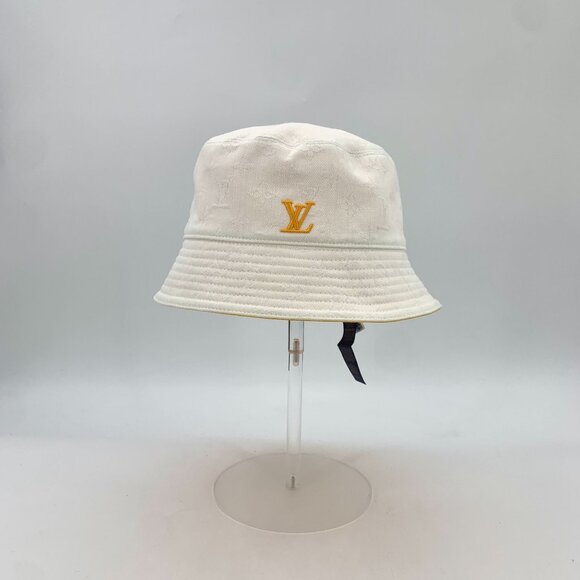 Louis Vuitton Reversible Bucket Hat White/Yellow Cotton Branded Logo Design 60cm - Picture 8 of 9